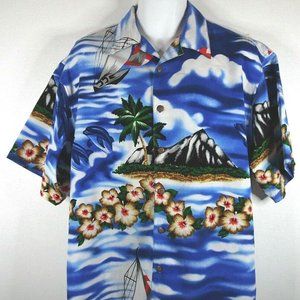 Reservoir Hawaiian Shirt Mens M Tropical Floral Sailboat Island Palm Trees